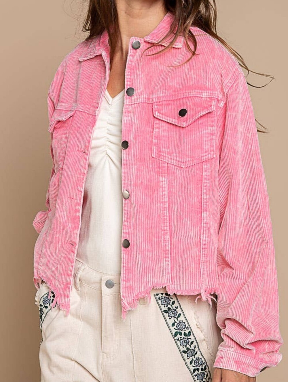 POL Believe in Love Mineral Wash Distressed Raw Hem Corduroy Trucker Jacket S